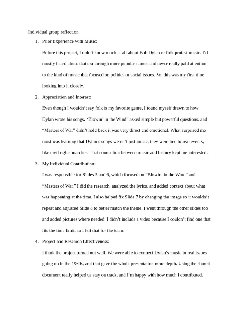 Individual Reflection Groupwork Bob Dylan | PDF