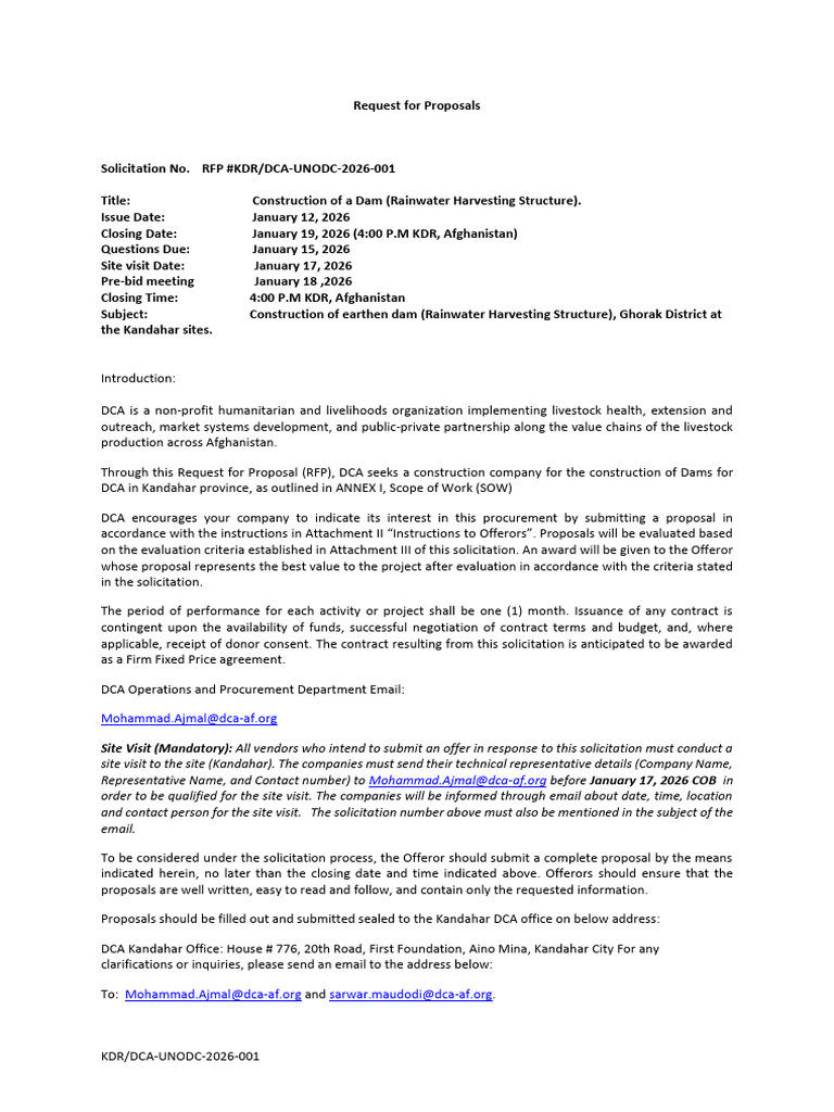 RFP For Construction of Dam (Rainwater Harvesting Structure) | PDF ...