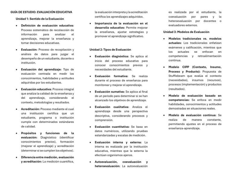 Guía de Estudio Evaluación Educativa | PDF | Evaluación | Cognición