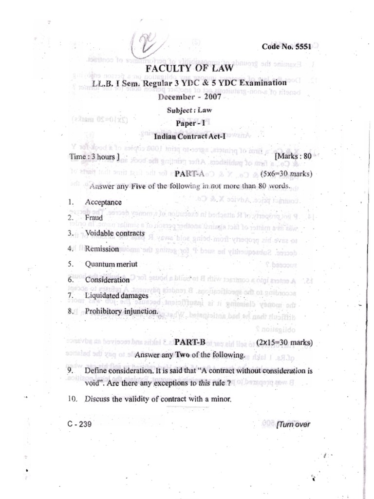 pdf notes contract llb 1 Question LLB Semester  Tort  Osmania Papers  I  University