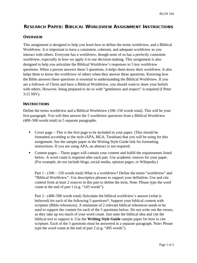 Research Paper Biblical Worldview Assignment Instructions | PDF | Bible ...