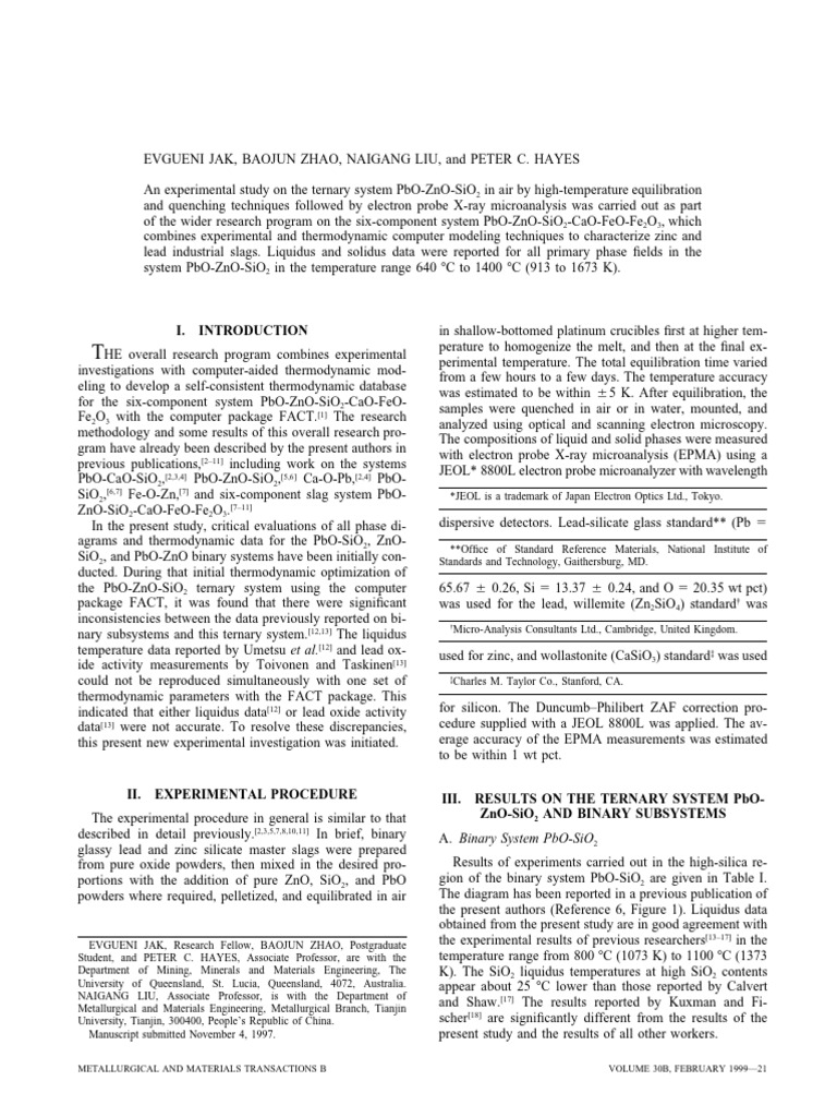 E Jak-Experimental Study of Phase Equilibria in The System | PDF | Zinc ...