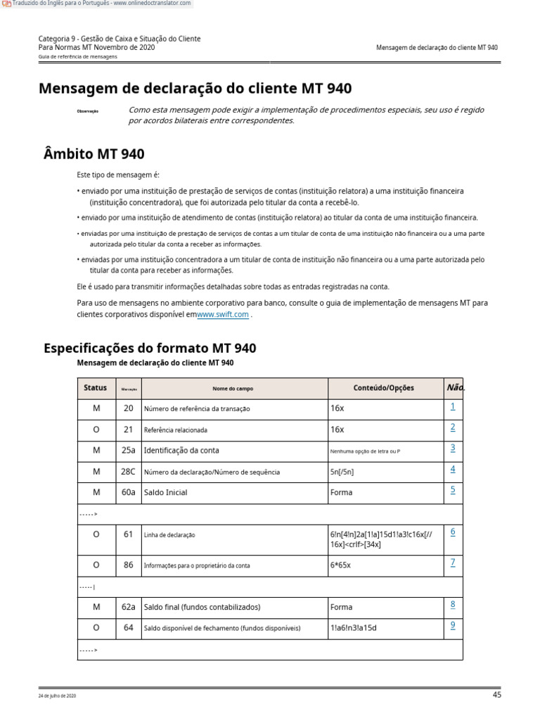 Mt940 - Especificacao - USA .En - PT (1) 1 | PDF | Cheque (banco) | Crédito