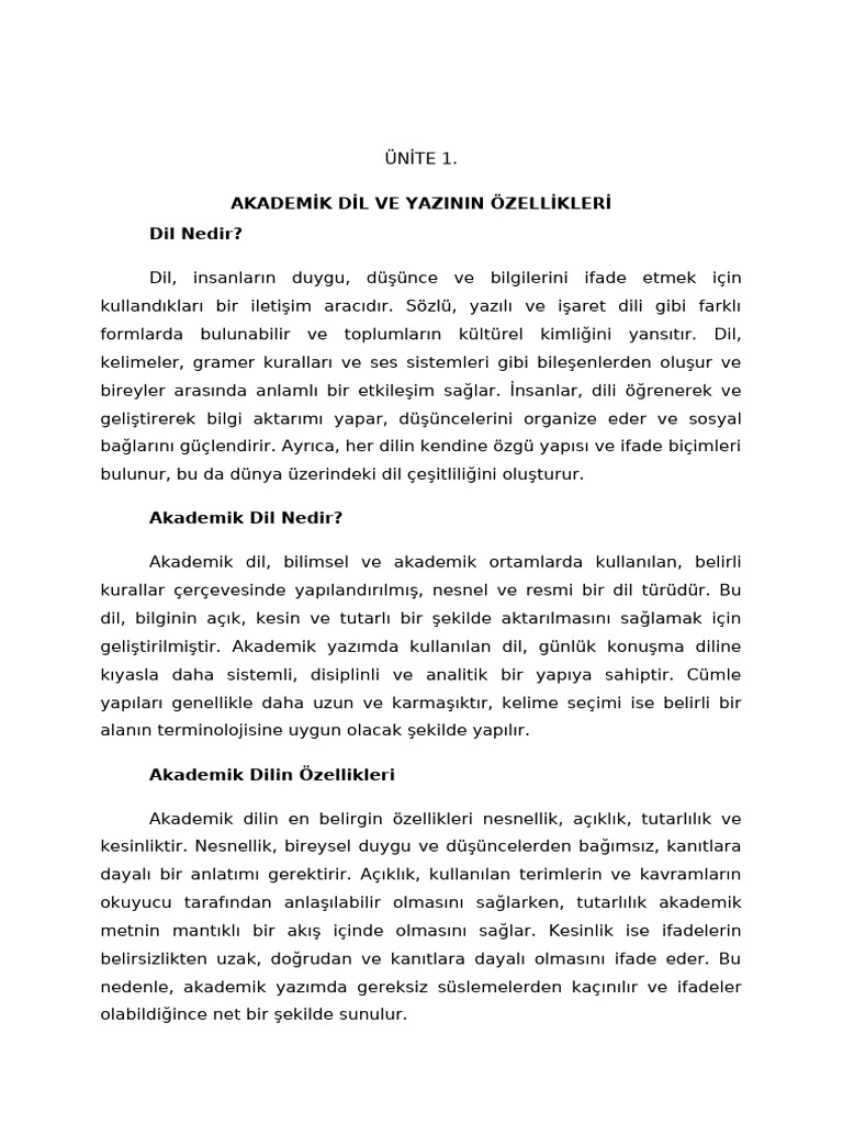 Türk Dili II - 1. Ünite Akademik Dil | PDF