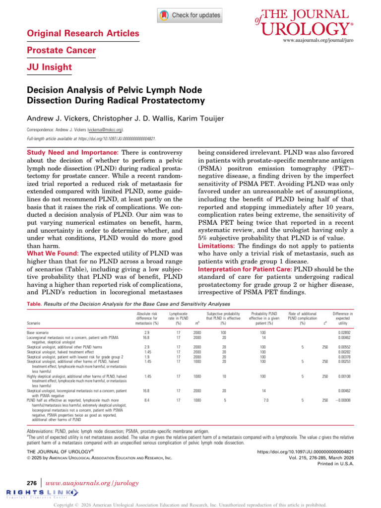Vickers Et Al 2025 Decision Analysis of Pelvic Lymph Node Dissection ...