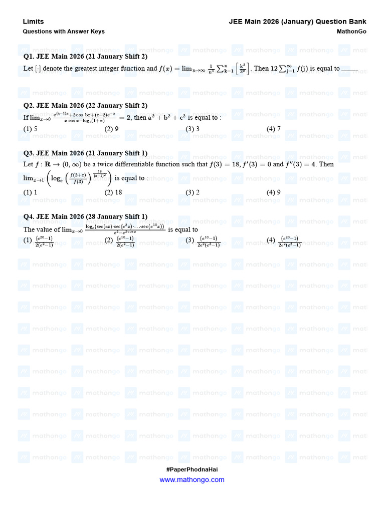 Limits - JEE Main 2026 (Jan) - MathonGo | PDF | Multiplication ...