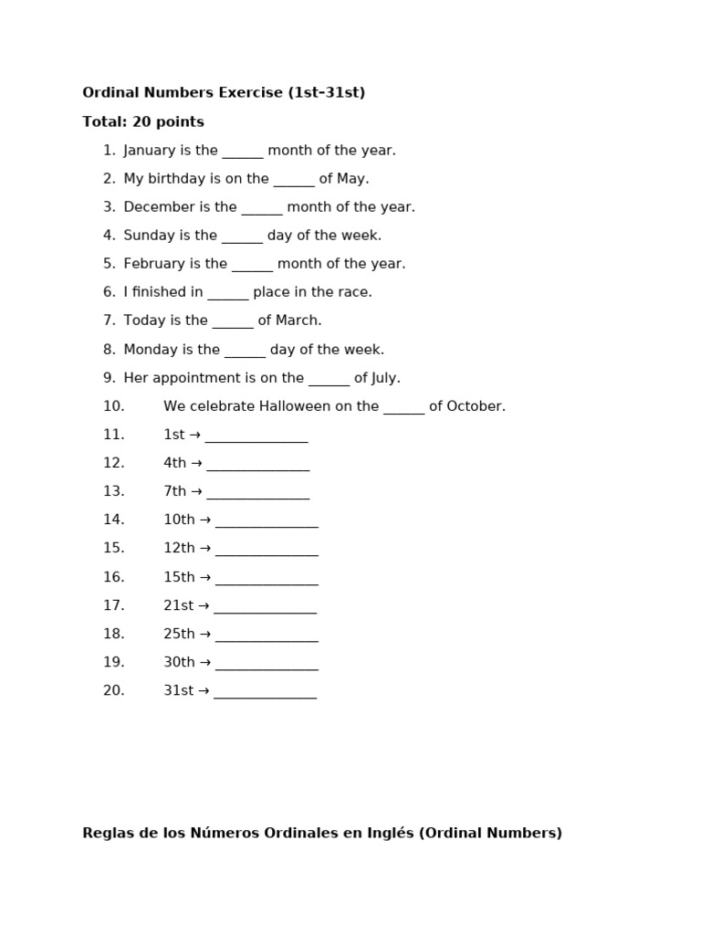 Ordinal Numbers Exercise | PDF