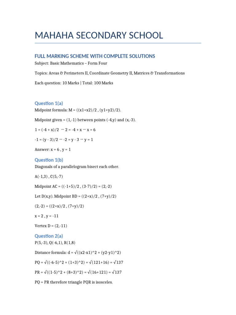 Full Math Marking Scheme Mahaha | PDF
