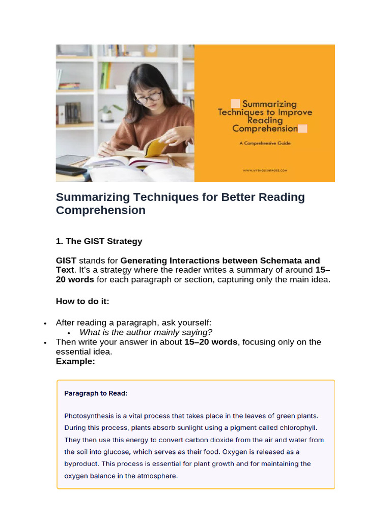 Summarizing Techniques For Better Reading Comprehension | PDF