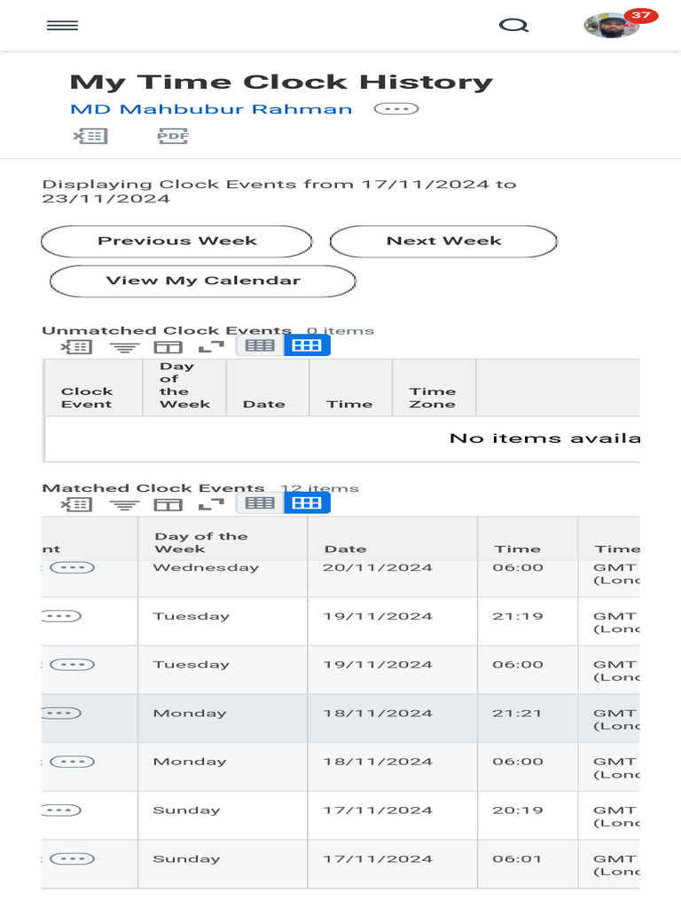 My Time Clock History - Workday | PDF