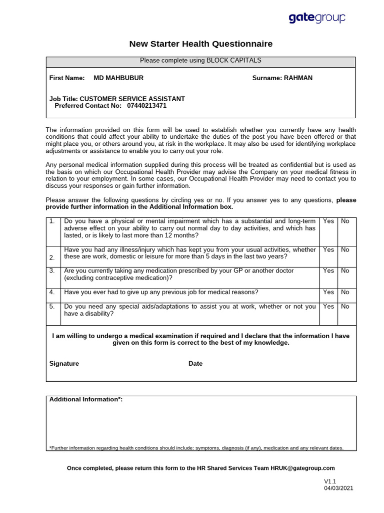 New Starter Health Questionnaire v1.1 20210304 | PDF | Occupational ...