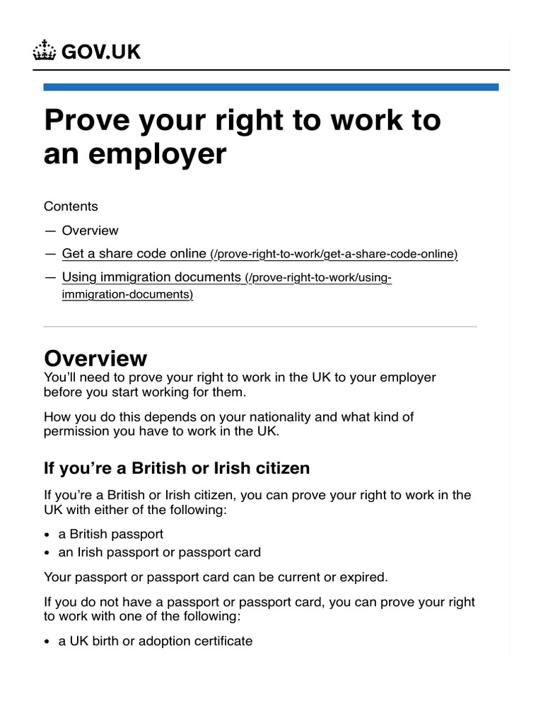 Prove Your Right To Work To An Employer - Overview - GOV - Uk | PDF ...