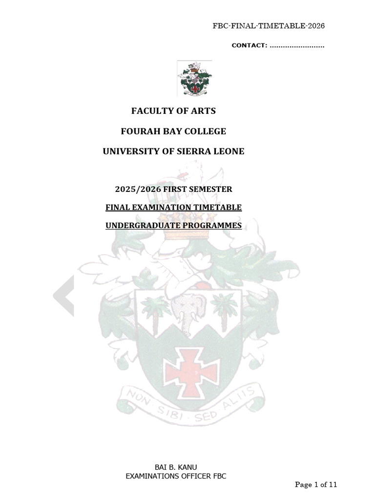 2026 FBC 1st Semester Exams Finall Timetable Arts Facult | PDF ...