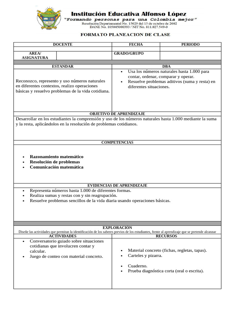 FORMATO PLANEACION DE CLASE V1.docx GRADO 3RO 2026 | PDF | Aprendizaje ...