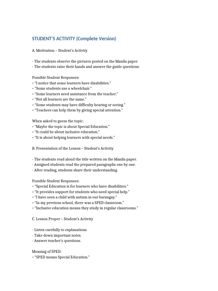 Student Activity Complete Version | PDF | Special Education ...