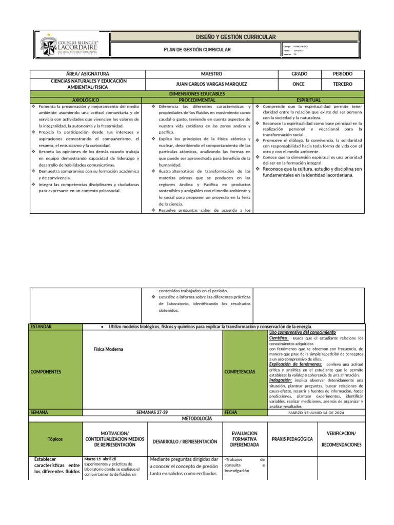 F-FIHC-FE-02-2 PLAN DE GESTION CURRICULAR 2023 11º | PDF | Física | Moodle