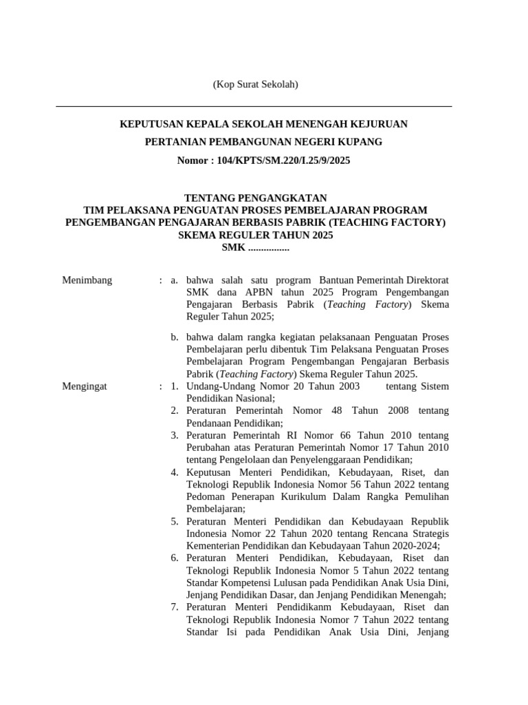 Format SK Tim Pembelajaran-SMK TEFA Reguler | PDF