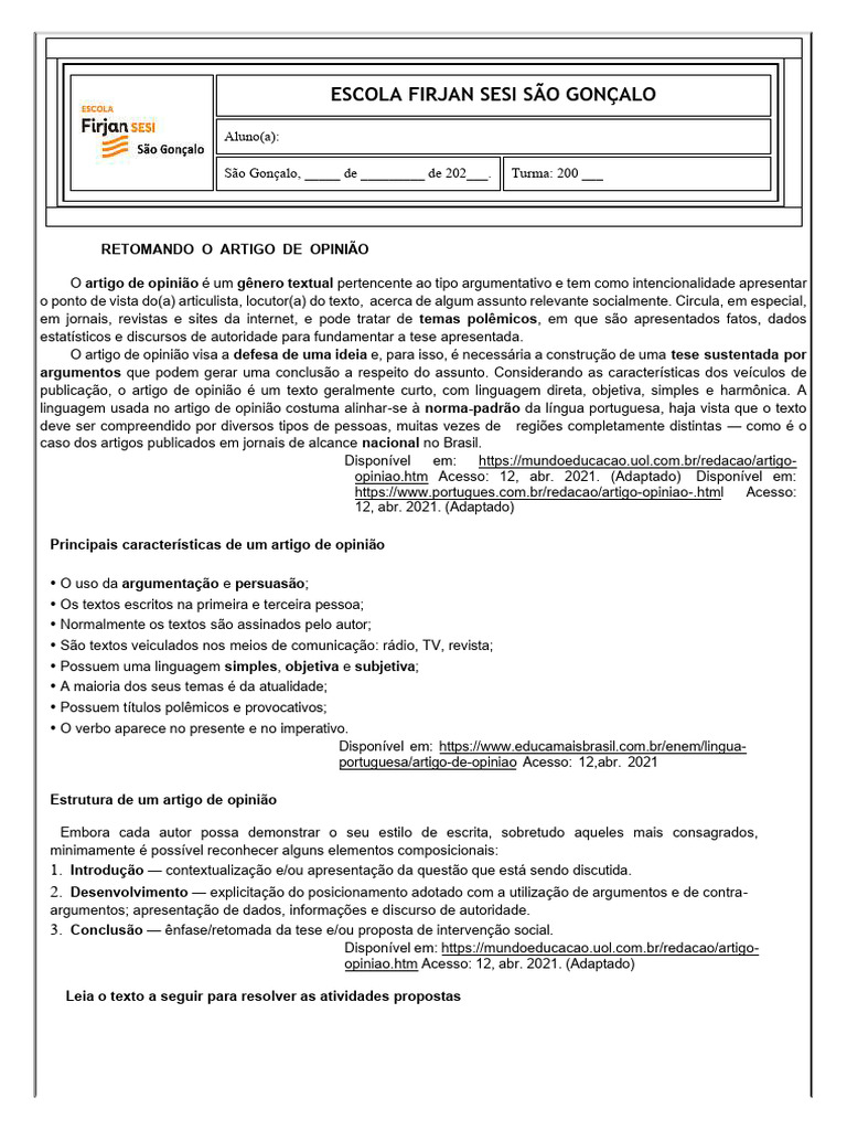 Lista de Exercícios - Artigo de Opinião - Texto Dissertativo ...