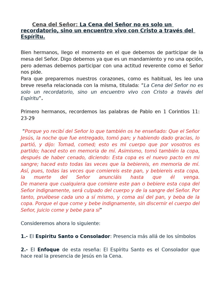 Cena Del Señor 071225 | PDF | eucaristía | Cristo (título)