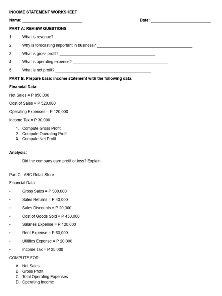 Income Statement Worksheet. | PDF