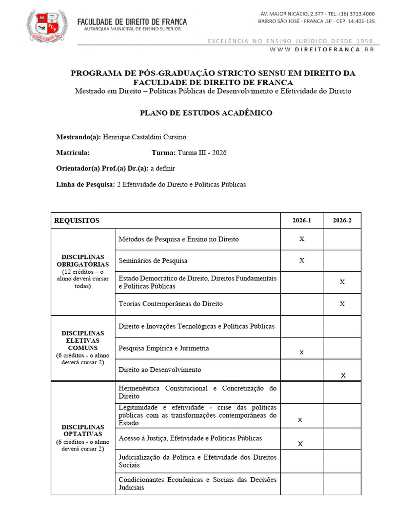 Plano de Estudos AcadÃ Micos - Henrique Castaldini Cursino | PDF