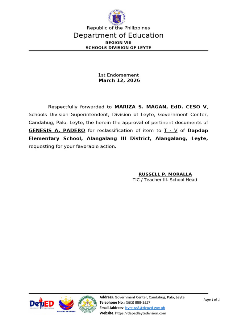 Endorsement Letter For Reclass | PDF
