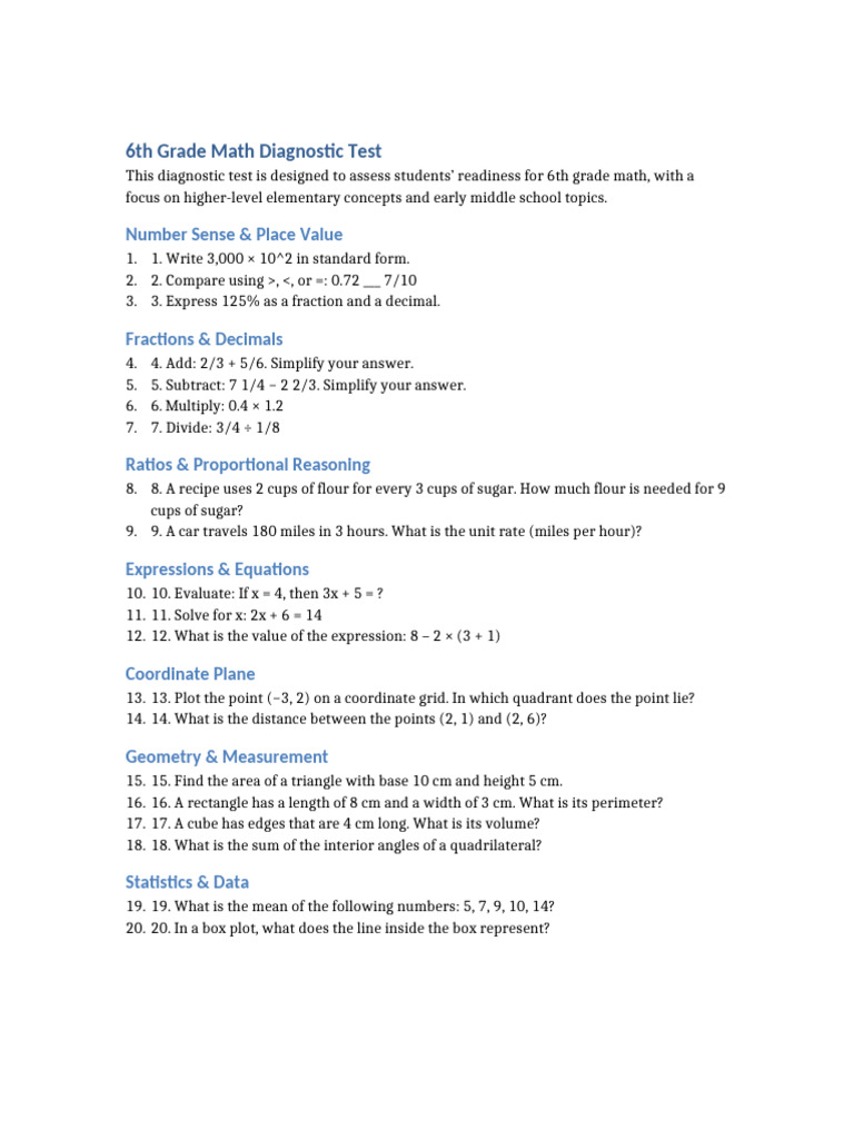 6th Grade Math Diagnostic Test | PDF
