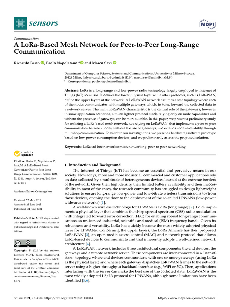 A LoRa-Based Mesh Network for Peer-To-Peer Long-Range | PDF | Computer ...