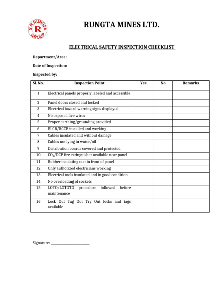 Eletrical Safety Inspection Check List - RML | PDF