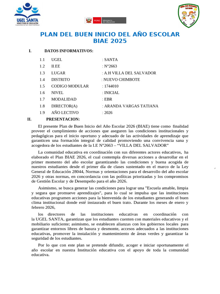 Plan Del Buen Inicio Del Año Escolar 2026 | PDF | Educación primaria ...