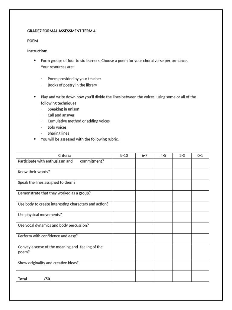 Grade7 Term 4 Formal Assessment Task Poem | PDF