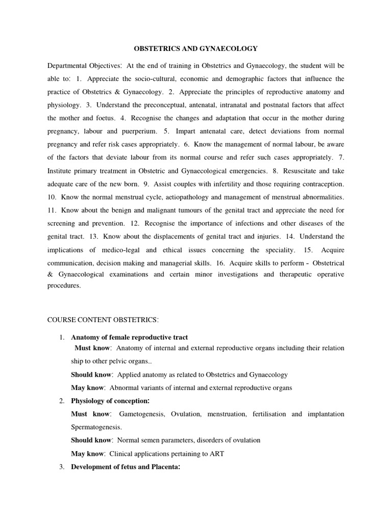 Obs Gynae MBBS Curriculum | PDF | Childbirth | Pregnancy