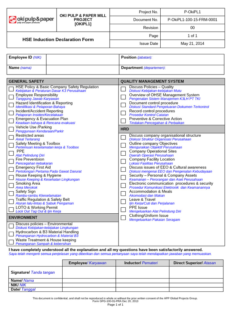 P OkiPL1 100 15 FRM 0001 HSE Induction Declaration Form | PDF ...