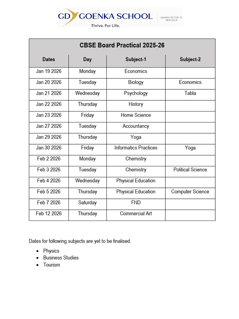 CBSE Board Practical 2025-26 Datesheet | PDF