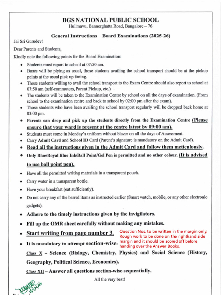Instructions To Students - Board Examination-2025-26 | PDF
