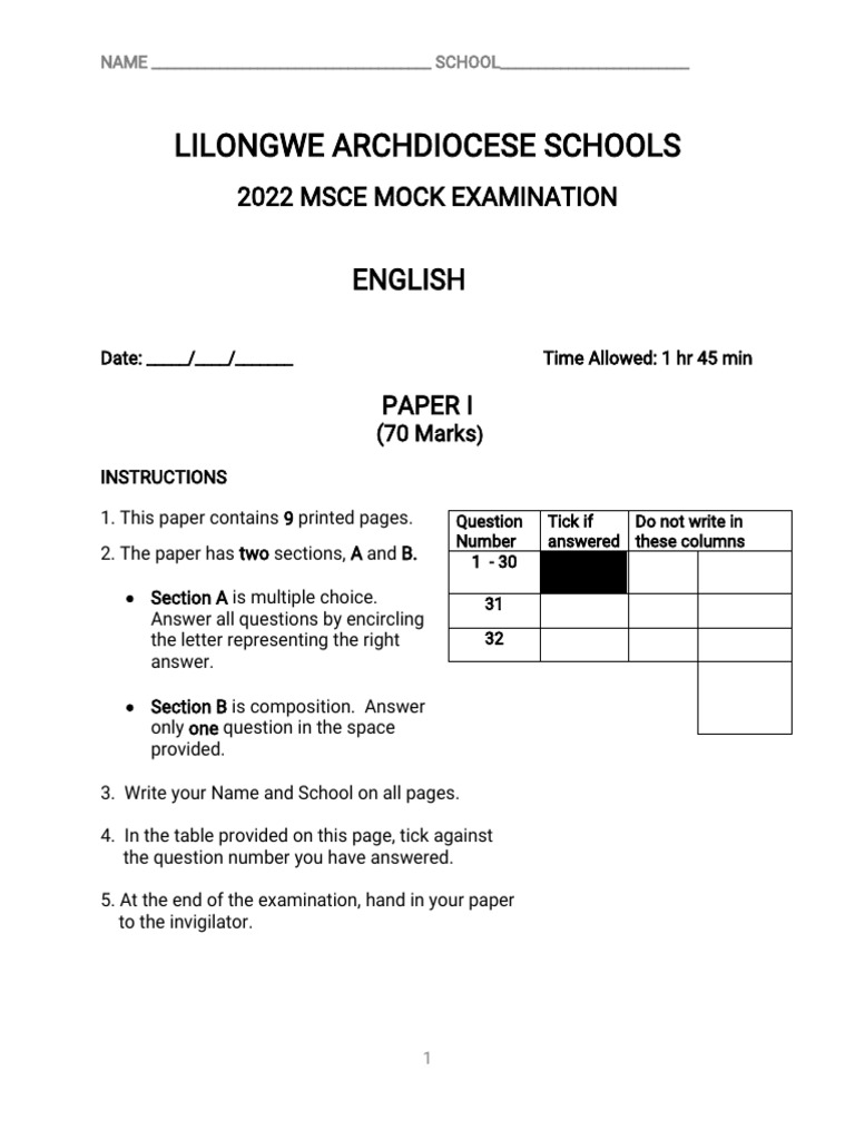 English Paper 1 - MSCE | PDF