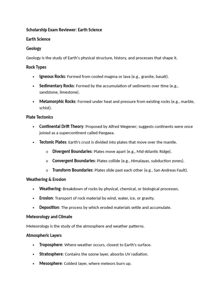 Earth Science Scholarship Exam Reviewer | PDF | Earth | Plate Tectonics
