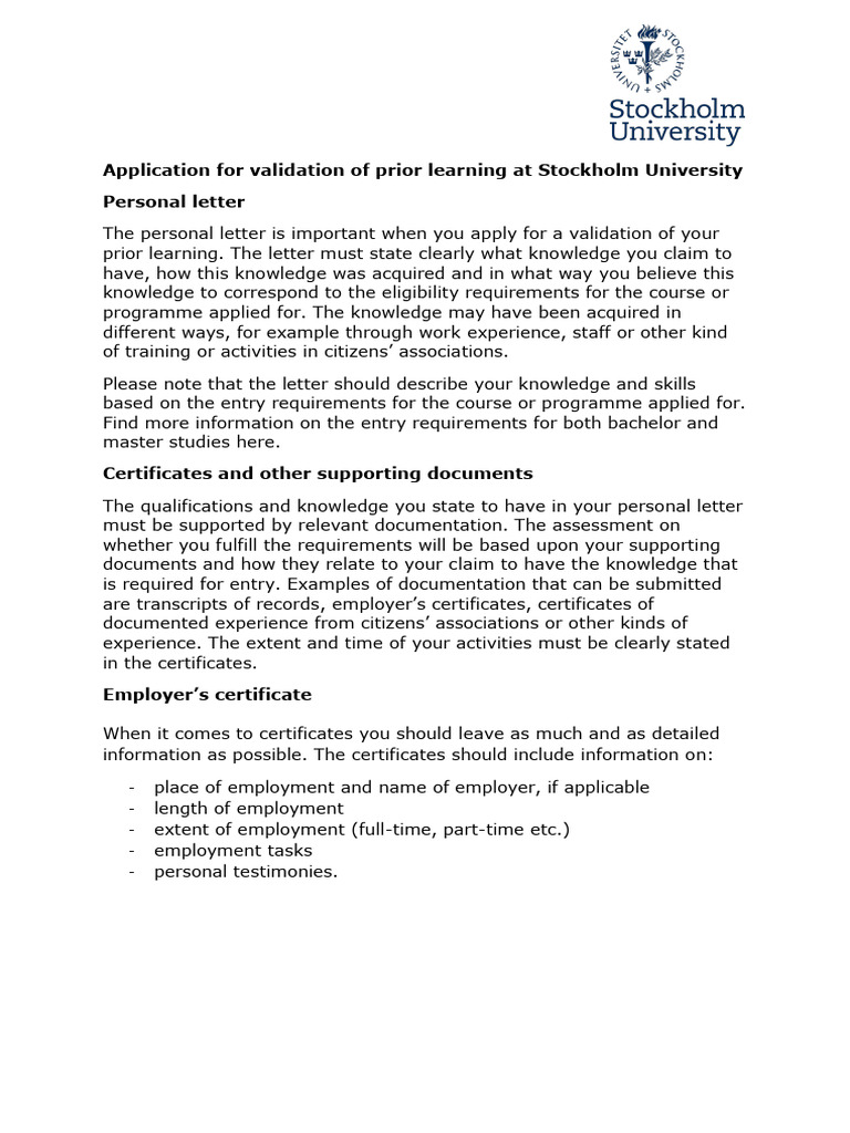 Application For Validation of Prior Learning at Stockholm University-2 ...