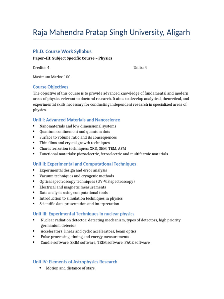 PHD Physics PaperIII Syllabus RMPSU | PDF