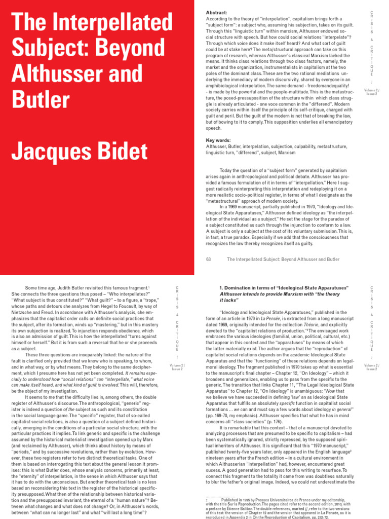 Bidet On Althusser | PDF | Louis Althusser | Marxism