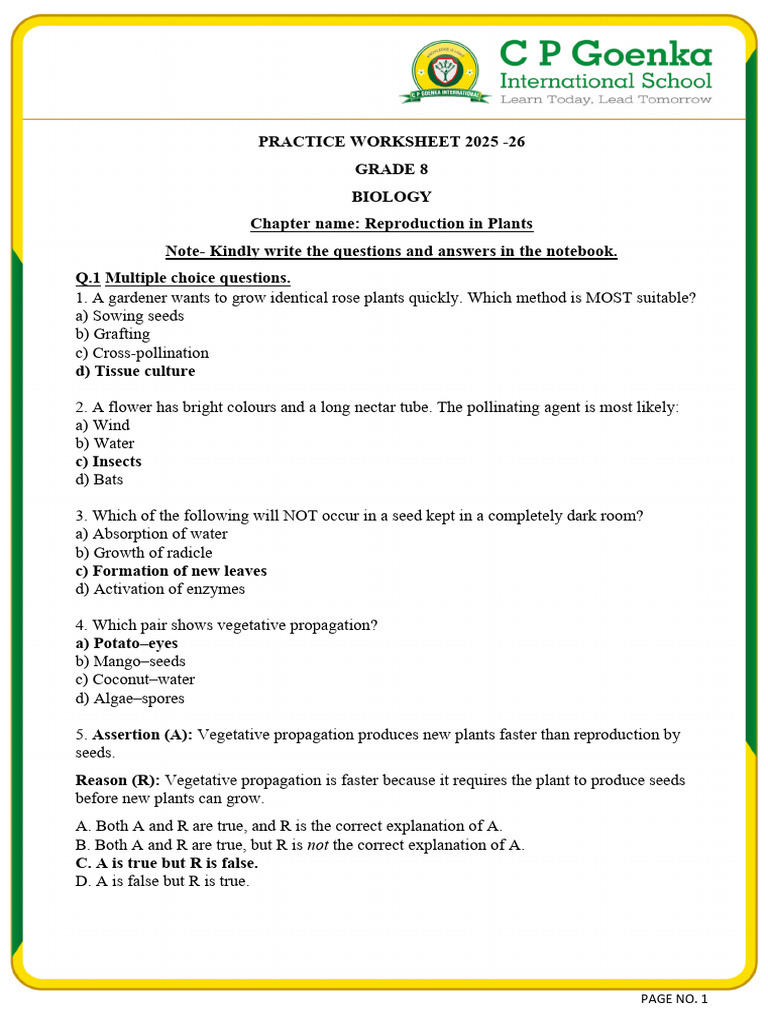 Biology Reprodcution in Plants - Worskheet - Extra Questions Answer Key ...