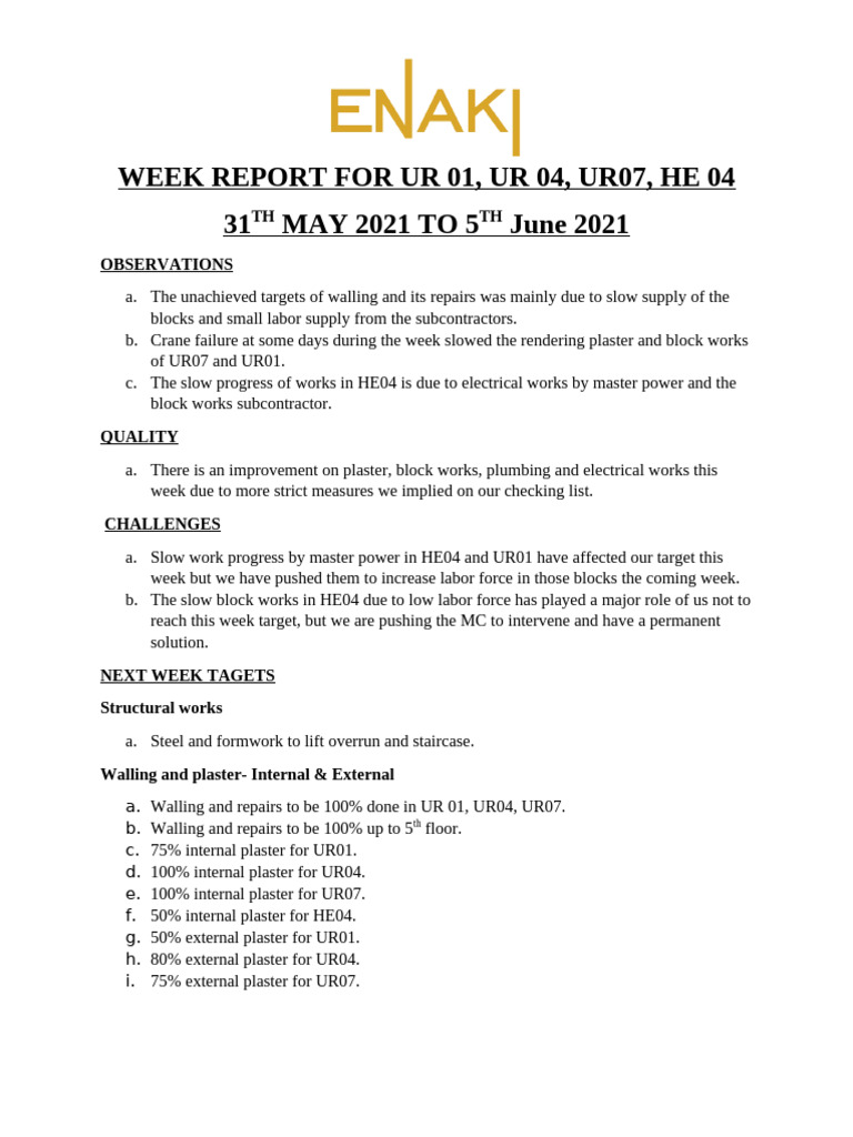 Week Report 31st May To 5th June 2021 | PDF | Masonry | Structural ...