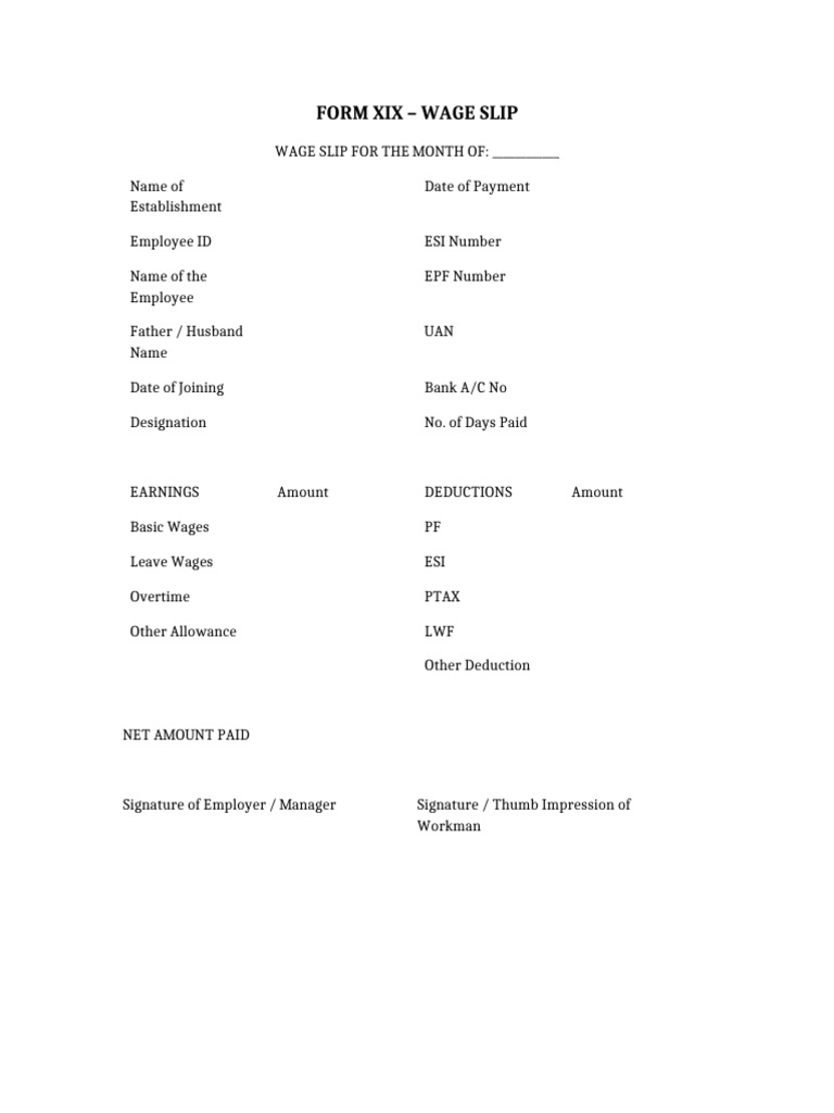Form Xix Wage Slip Template | PDF