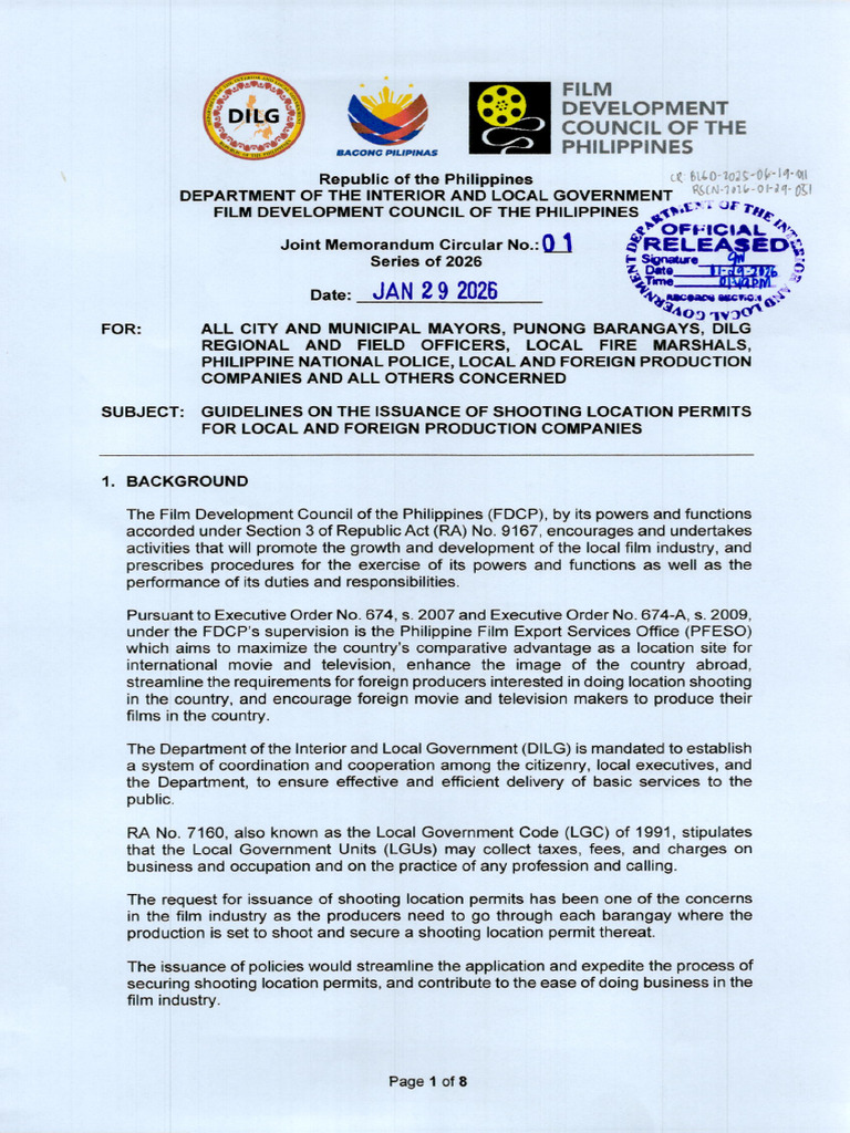 Guidelines On The Issuance of Shooting Location Permits For Local and ...