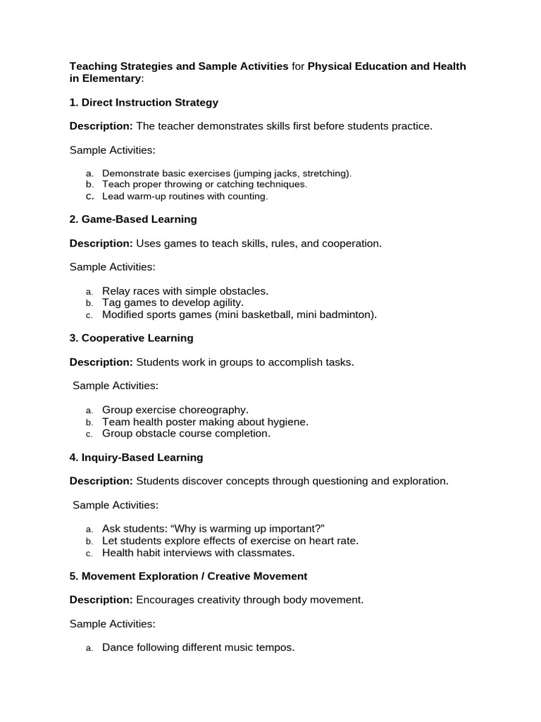 Teaching Strategies and Sample Activities For Physical Education and ...