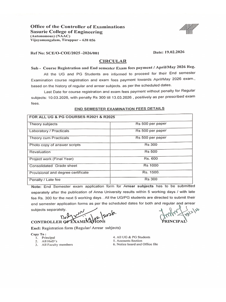 Course Registration and End Semester Exam Fees | PDF