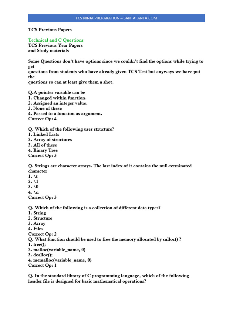 TCS Ninja Previous Year Papers-1 | PDF | Pointer (Computer Programming ...
