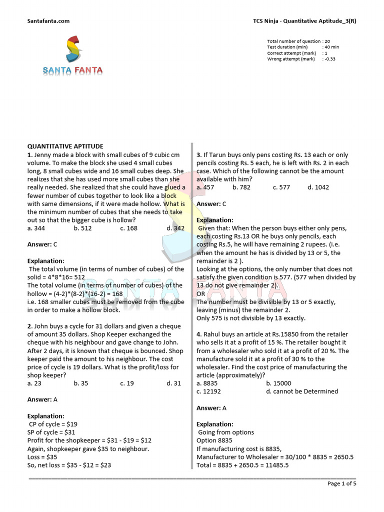 TCS Ninja - Quantitative Aptitude - 3 | PDF | Elementary Geometry ...