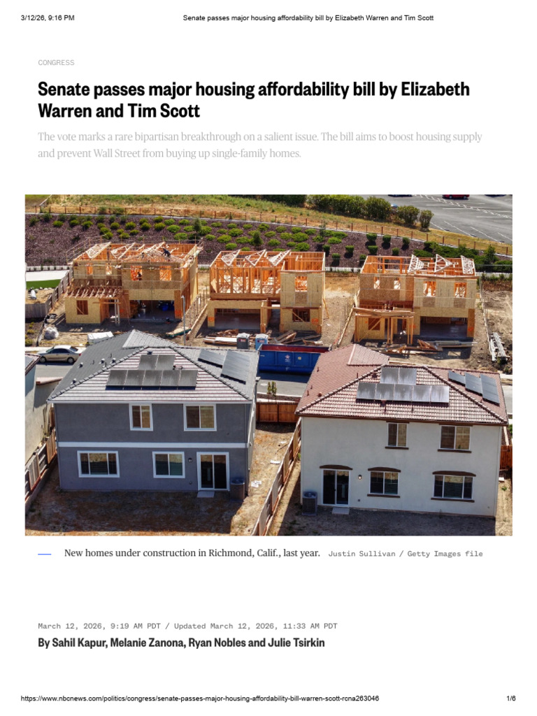 Senate Passes Major Housing Affordability Bill by Elizabeth Warren and ...