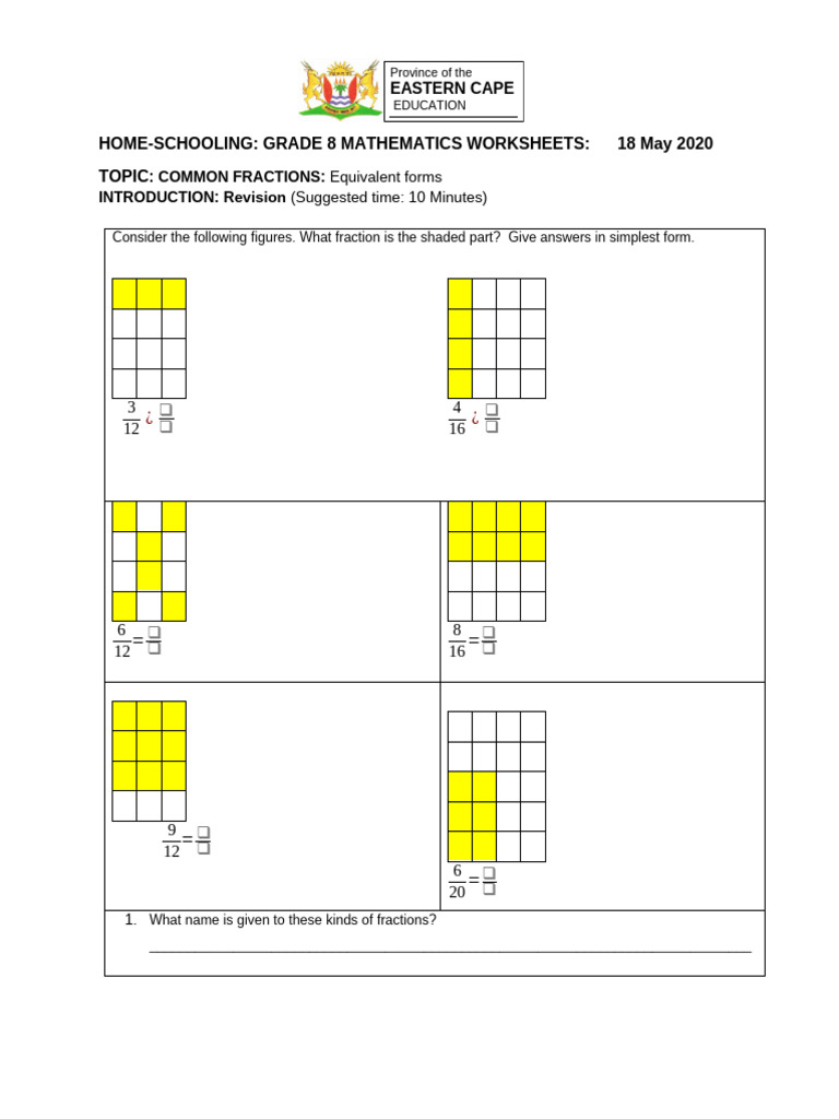 Maths-Grade 8 Worksheet Common Fractions - May 2020 | PDF | Discrete ...